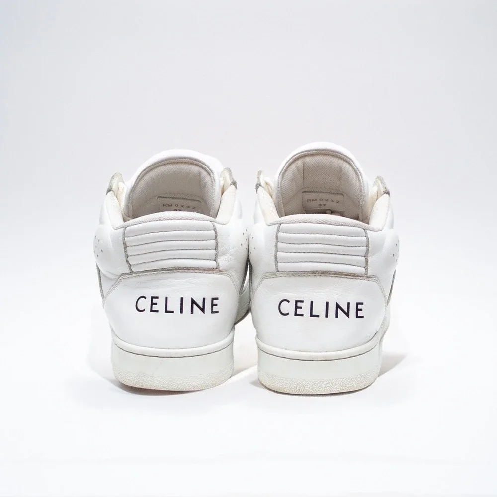 CELINE CT-02 Womens White Calf‎ Leather High-Top Logo Sneakers SIZE 37 EU / 7 US